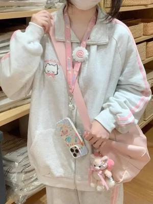 Японская мода Kawaii молния толстовка с капюшоном комплект для женщин Harajuku милый розовый кот вышивка большой размер толстовка с капюшоном комплект