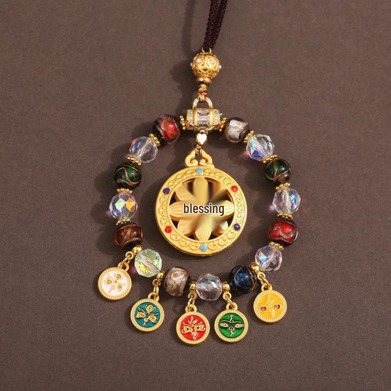 Tibetan Wealth God Zhakila Lhamo Incense Ash Glass Pendant - Five Directions Car Charm, Metal Retro Style