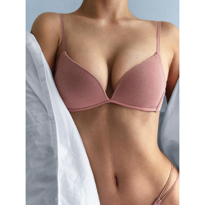 European and American Ribbed Simple Thin Mold Cup Deep V Without Steel Ring Gathering Bra Sexy and Comfortable Girl Underwear