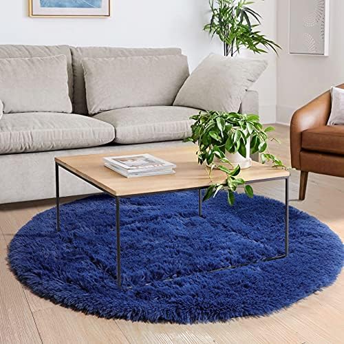 Blue Round Rug for Kids Room, Bedroom, Living Room, Washable Fluffy Shaggy Area Rug, Aesthetic Decor, 120cm