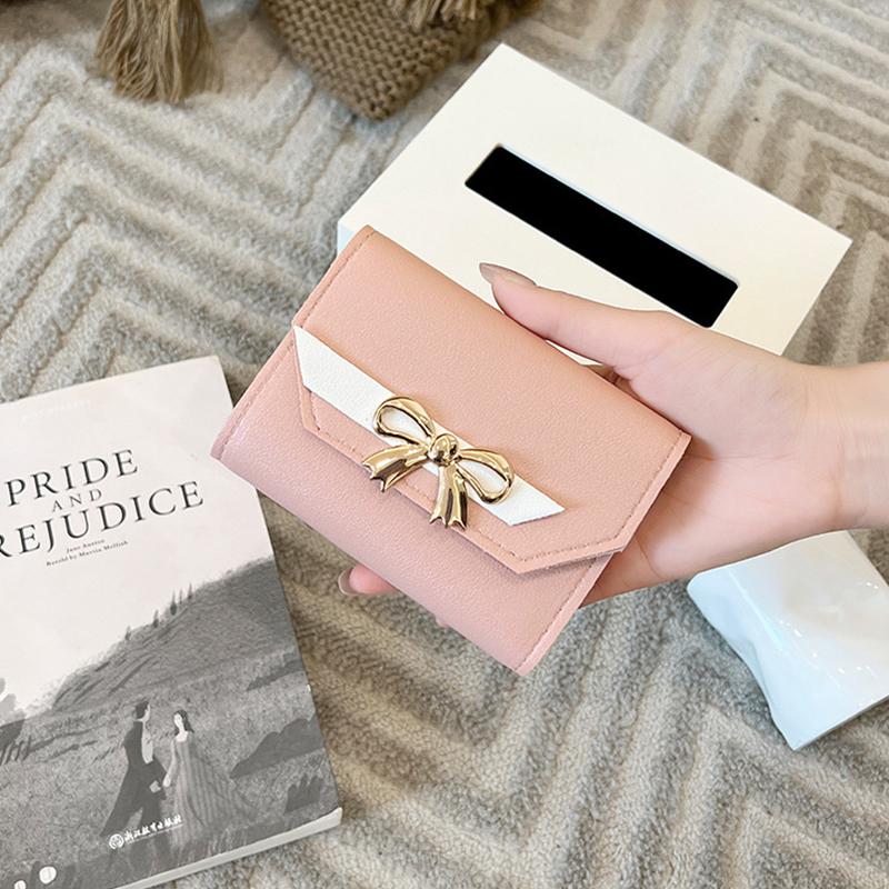 Women Wallet Foldable Portable Ladies Short Coin Purses Cute Bow Clutch Bag Pu Leather Female Card Holder Purse