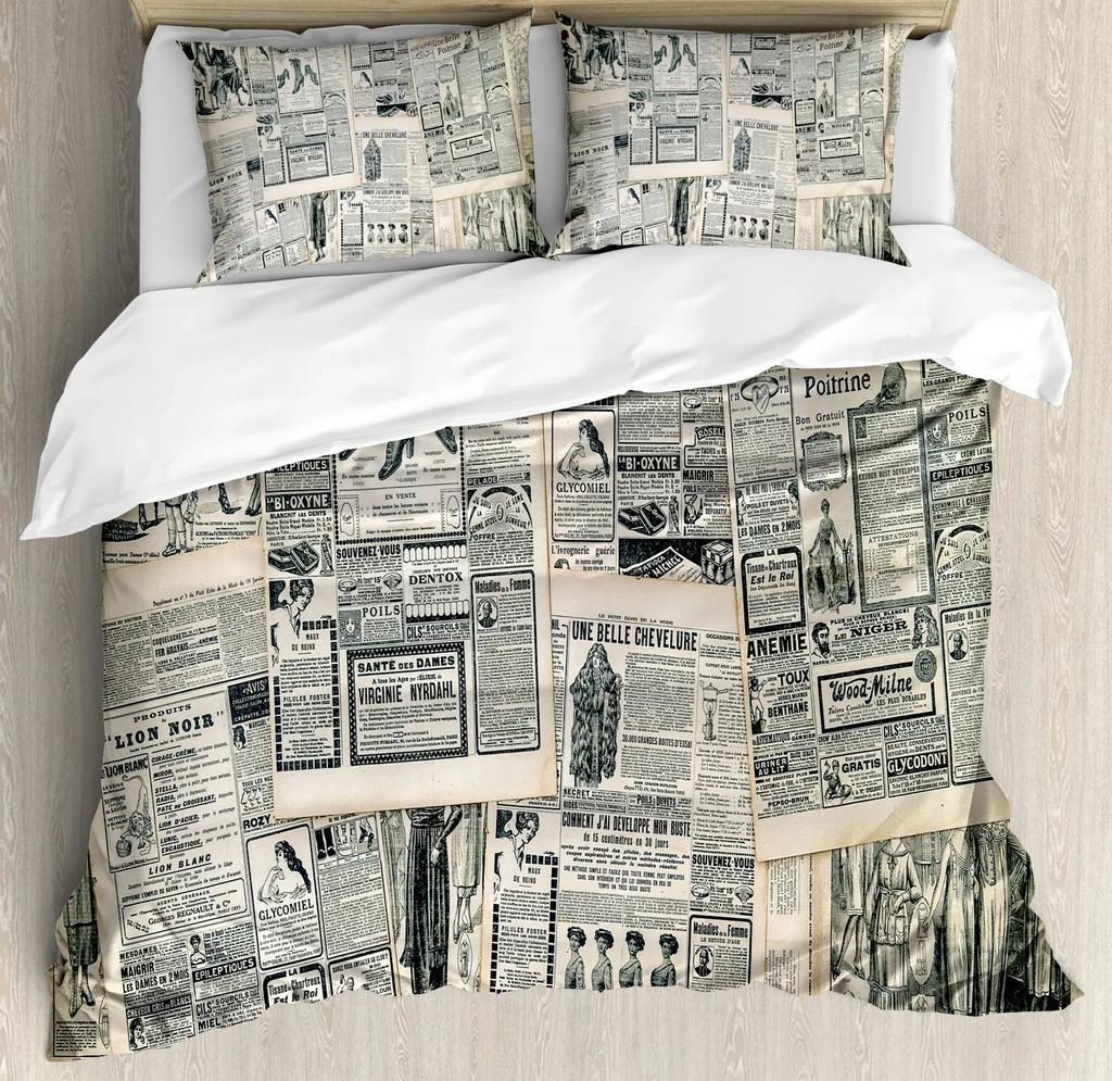 Old Newspaper Duvet Cover Set Vintage French Bedding Brown Quilt Cover for Boys Girls Teens Polyester Comforter Cover