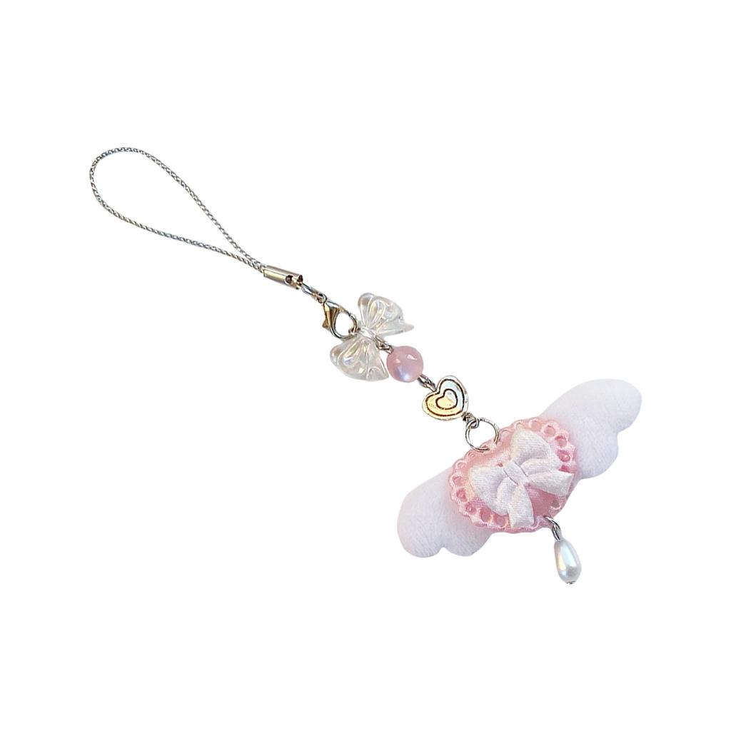 Милый розовый меховой брелок-подвеска для телефона в виде крыла ангела с бантом, уникальное украшение для сумки для девочек, аксессуары в стиле лолиты