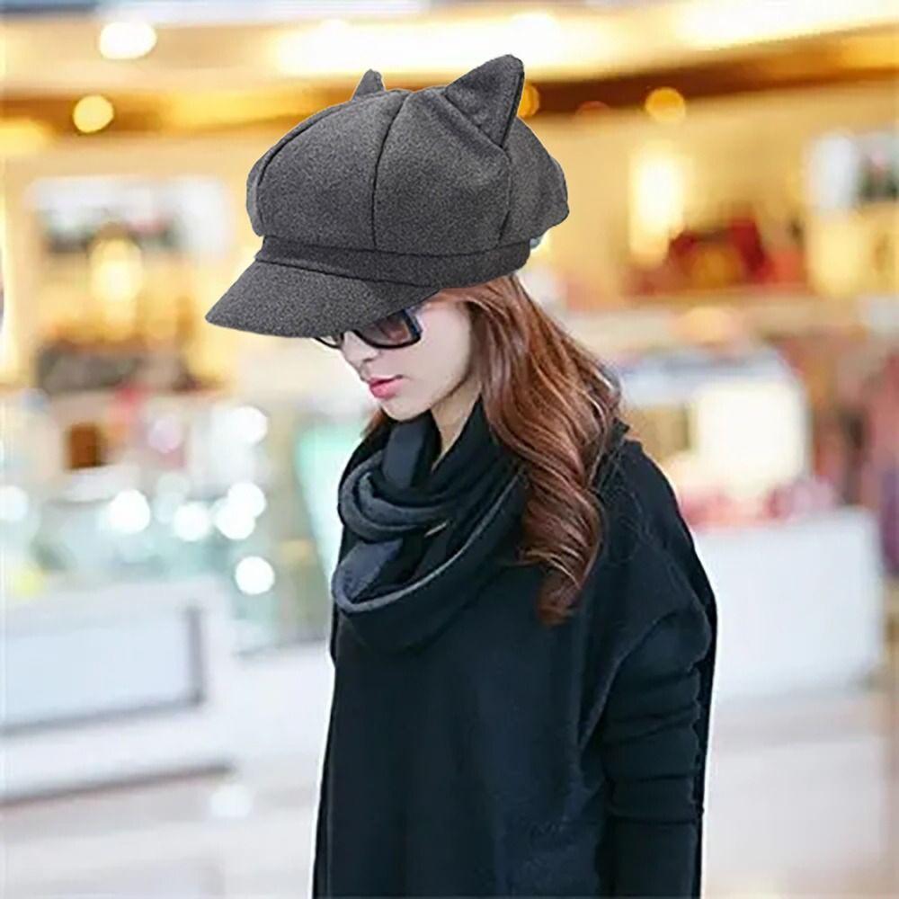 Short Eaves Cat's Ears Hat Warmer Duck Tongue Cap Cat's Ears Hat Octagonal Cap Women Ladies Girl