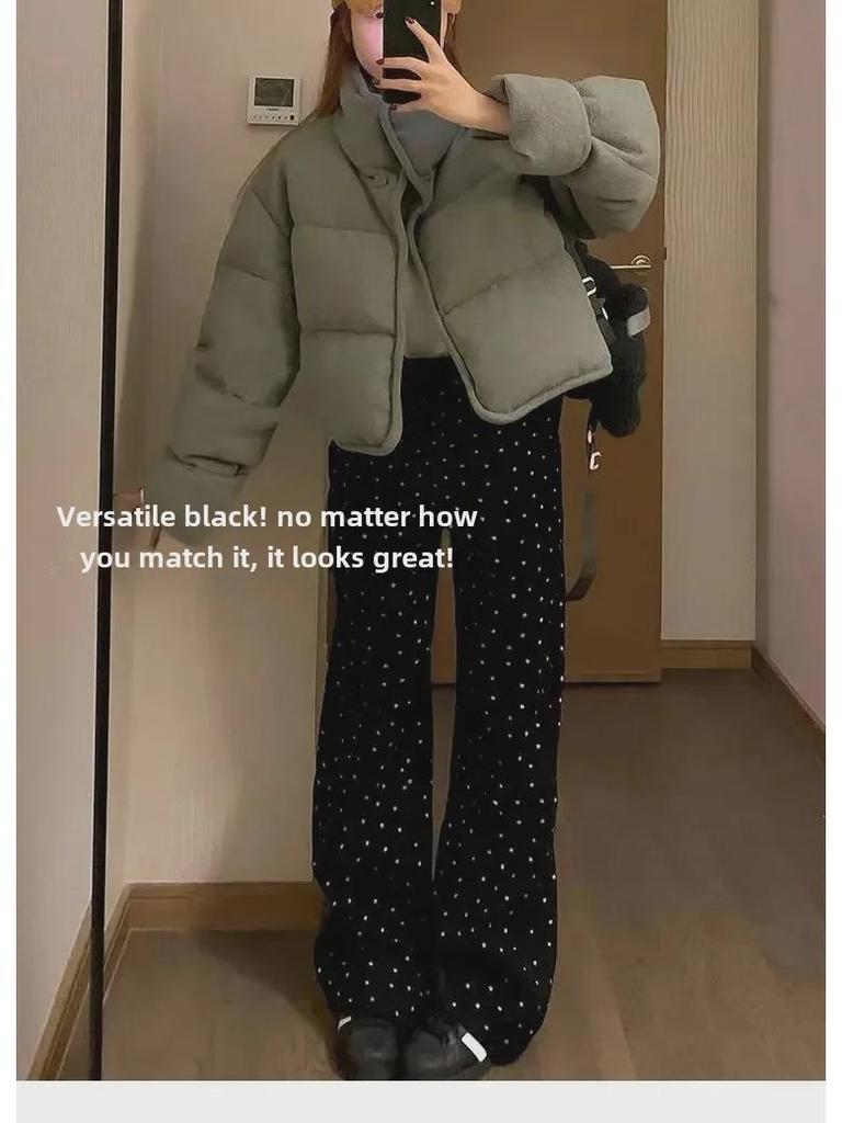 Женские широкие джинсы с высокой талией в черный горошек на осень - Большие размеры