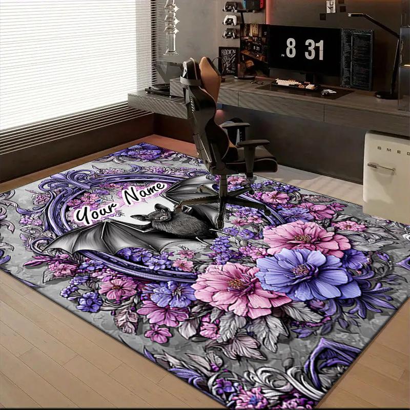 1PC Custom Name Gothic Bat Flowers Theme Floor Mat Ideal for Living Room, Game Rooms, Office, Bedroom Floor Mat Design
