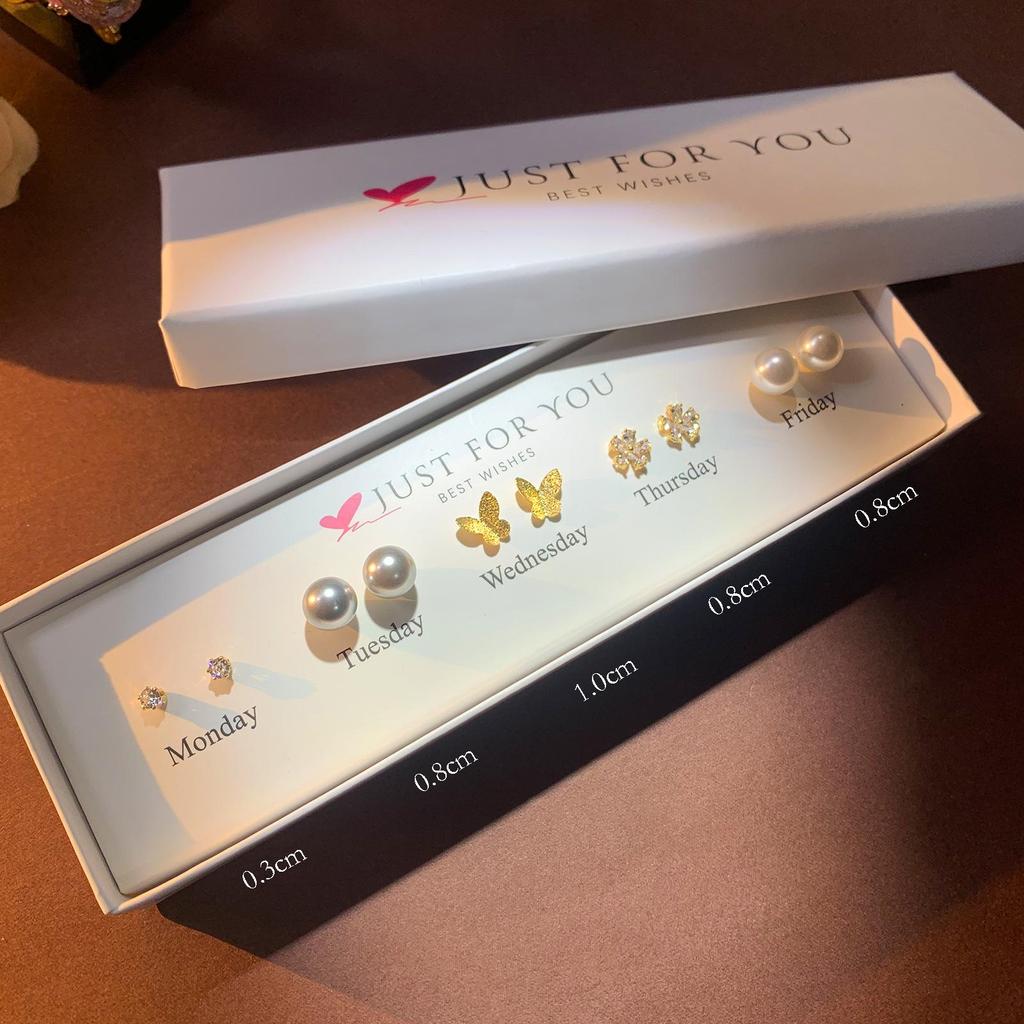 Набор серег-пуссетов в форме сердца с цирконом, цветком и жемчугом для женщин