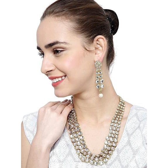 Позолоченные традиционные украшения из жемчуга Кундан, комплект ожерелья с серьгами для женщин