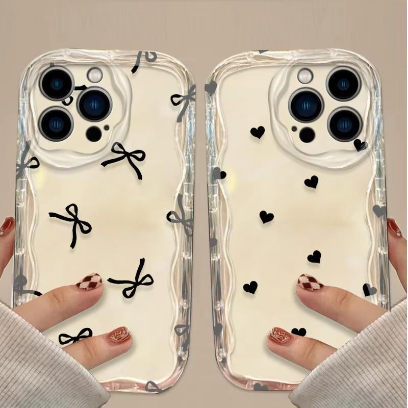 Черный чехол для телефона с бантом и сердцем для iPhone 17 Air 16 15 14 13 12 11 Pro Max Plus Mini SE2020 2022 Ударопрочная силиконовая задняя крышка