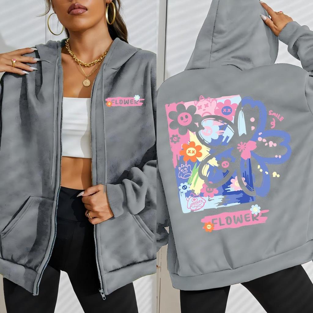 Flower Creative Graffiti Design Women Zipper Hoody Fashion Street Streetwear Loose Casual Hoodies Clothing Woman