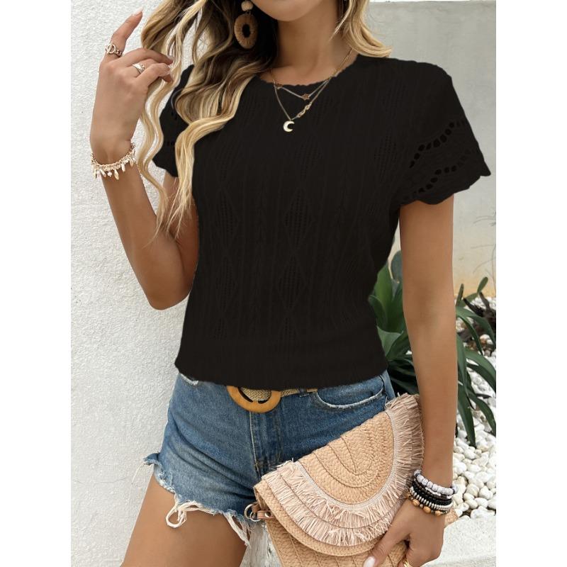 Весна Лето Футболки Мода Свободного Кроя Пуловер Ажурный Короткий Рукав Круглый Вырез Футболка Топ Женский