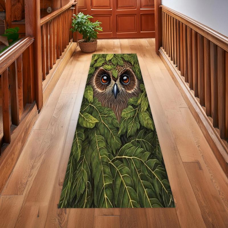 Vintage Day Night Owl Forest Runner Rug Non Slip Long Hallway Carpet Mystic Tree House Animal Print Floor Mat
