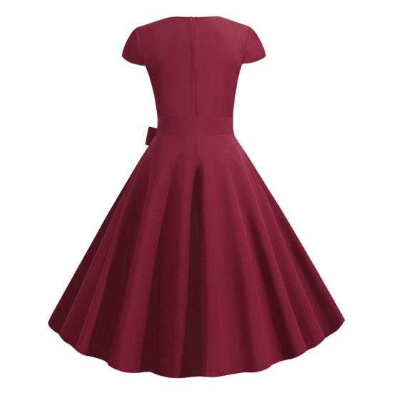 Женское платье с V-образным вырезом и поясом с бантом, декор трапециевидной формы, большие качели, обтягивающее платье с высокой талией, сплошной цвет, ретро, ​​с коротким рукавом, женское платье миди в стиле принцессы