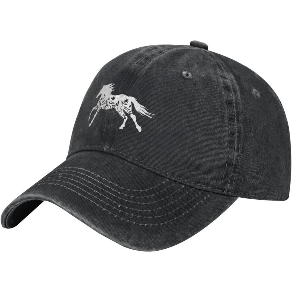 Floral Silhouette Horse Baseball Cap Washed Cotton Adjustable Trucker Hat for Unisex Casual Outdoor