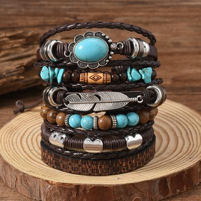 Комплект из 6 браслетов из кожи с бусинами из камня в стиле бохо, винтажные эластичные праздничные украшения ручной работы для мужчин и женщин