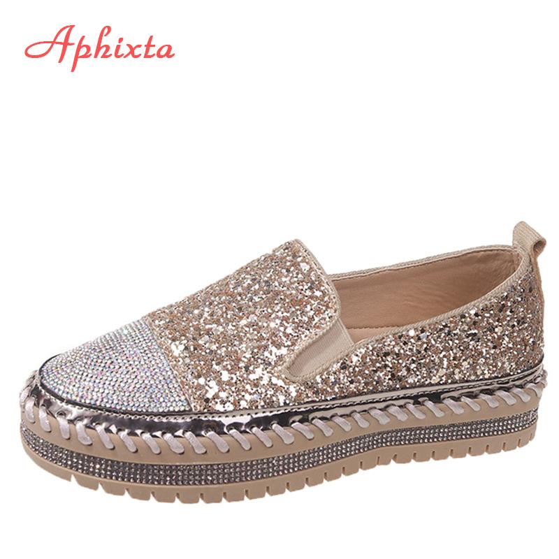 Fashion Aphixta Luxury Crystals Sequined Flat With Platform Shoes Loafers Flats Leather Couple Woman Students Shoes Plus Size 44