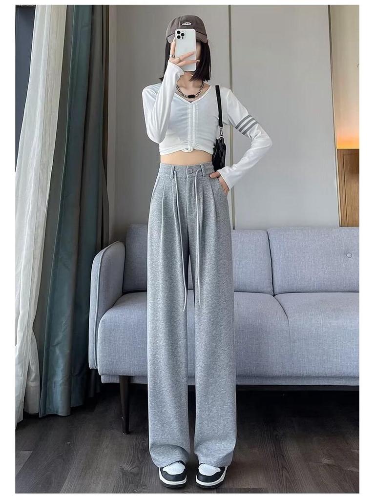 Женские серые спортивные брюки с высокой посадкой и широкими штанинами - Повседневная посадка на кулиске для осени и зимы
