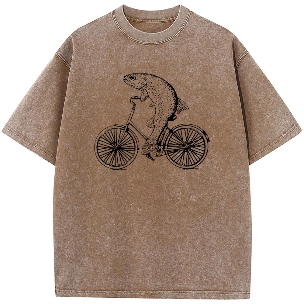 Мужская забавная футболка с короткими рукавами Bicycle Trout, стираная футболка с круглым вырезом, хлопковая футболка с короткими рукавами, отбеленная футболка