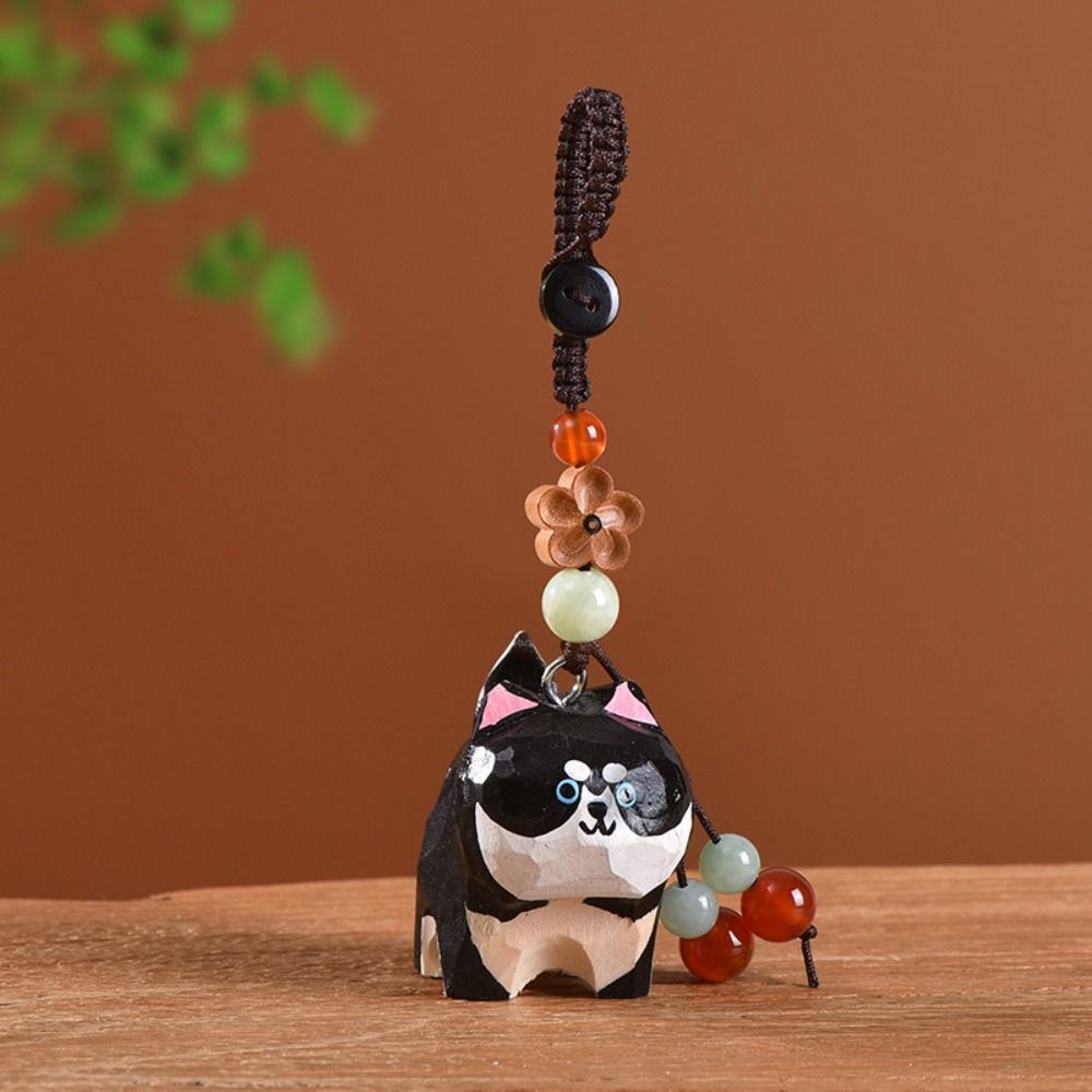 Siberian Husky Wooden Carved Cat Keychain Weave Rope Corgi Dog Dolls Wood Dog Pendant Students