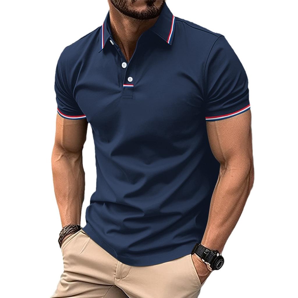 New Arrival Men's Casual Polo Shirt Collar Patchwork with Ribbed Trim Button-Front Business Solid Colour Versatile T-Shirt