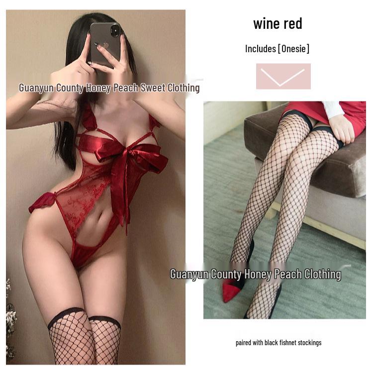 Red Transparent Backless Bow Tie Bodysuit - Open Crotch, Sexy Lingerie for Christmas & New Year