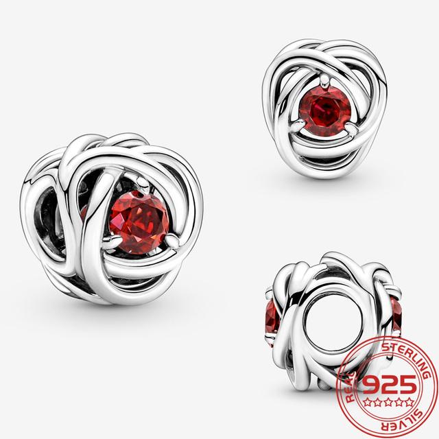 Fine 925 Silver October Pink Birthstone Eternity Circle Charm Fit Fashion Bracelet Silver Charm Necklace Girls Gifts DIY Jewelry
