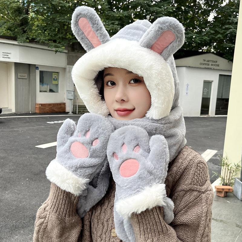 Rabbit Warm Hat Scarf Gloves Integrated Cute Autumn and Winter Stitch Plush Scarf Windproof Three-piece Female