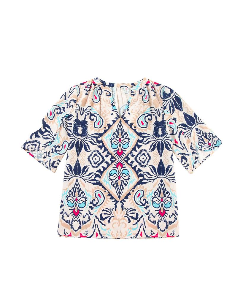 Azura Exchange Белая блузка с абстрактным принтом, V-образным вырезом и разрезом на половину рукава