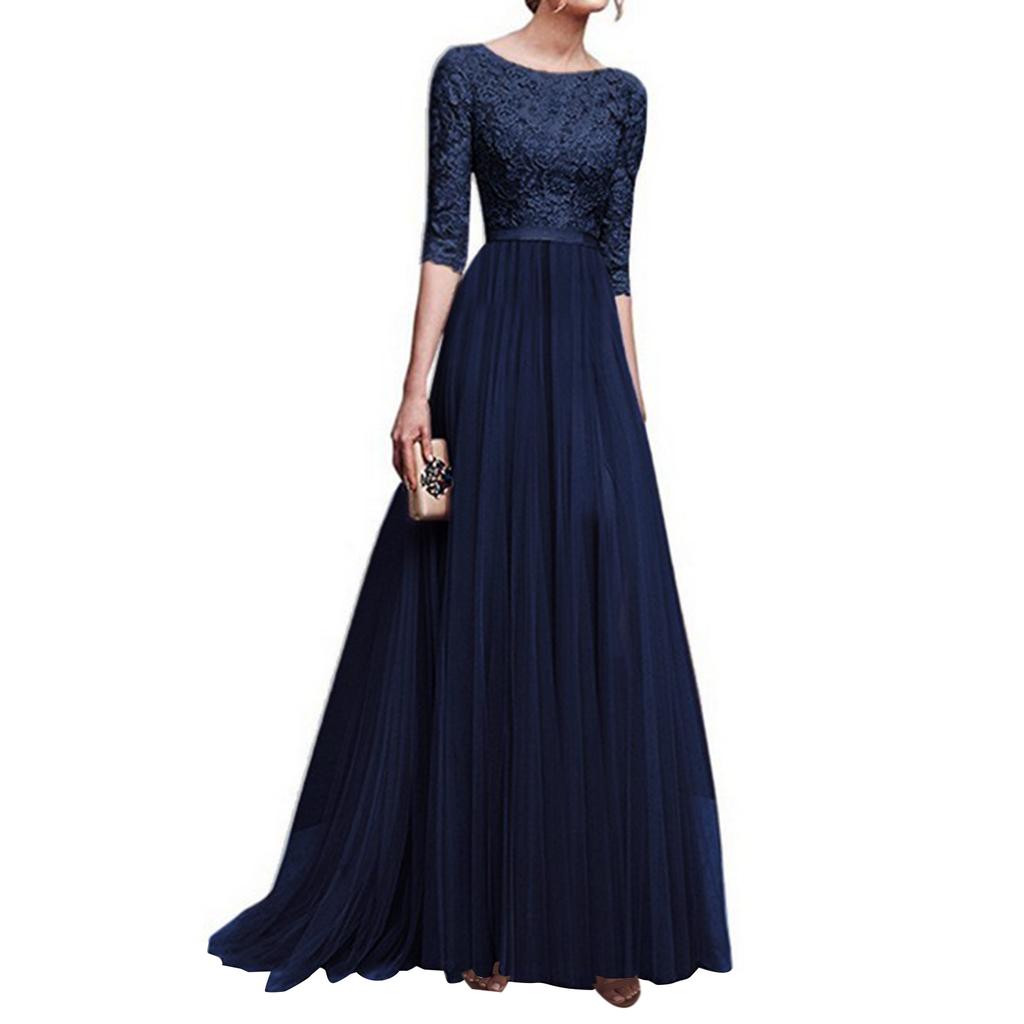 Женское летнее повседневное однотонное вечернее платье трапециевидной формы с круглым вырезом и молнией сзади со средними рукавами и кружевной сеткой