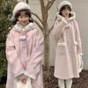 Женские пальто, розовая однобортная куртка средней длины с капюшоном и плюшевыми краями, осень/зима, новое утолщенное милое шерстяное пальто, женская одежда