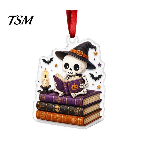 Halloween Bookshelf Ornaments Reading Ghost Hanging Ornament, Acrylic Holding Book Pumpkin Mummy Ornament Black Cat Decor, 2D Cartoon Bookish Pendant