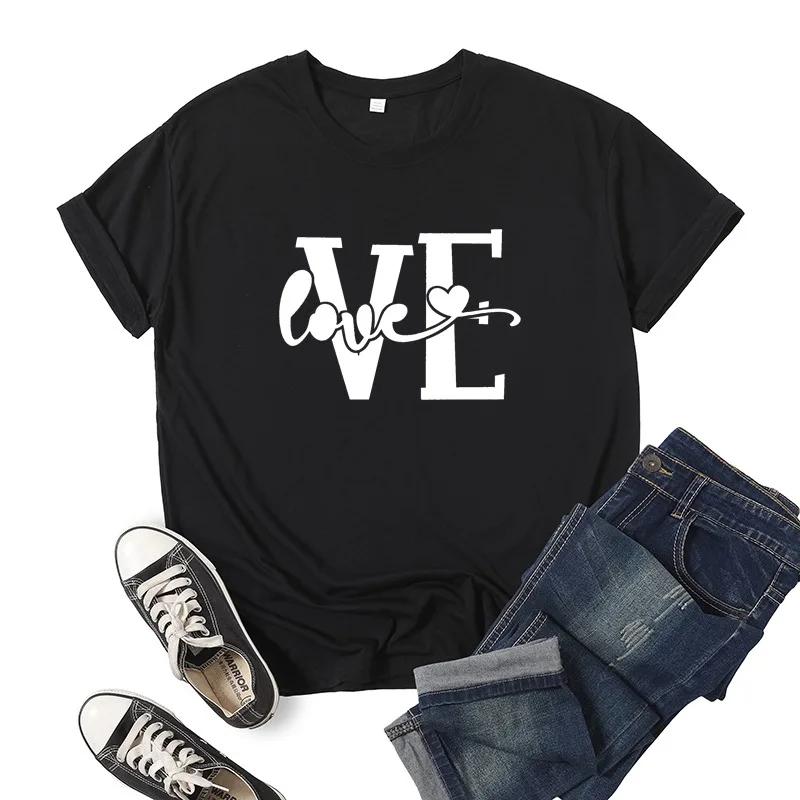 Splicing LOVE Heart Print Парная футболка с коротким рукавом и круглым вырезом, свободная футболка King Queen, футболка для любителей моды, топы, одежда