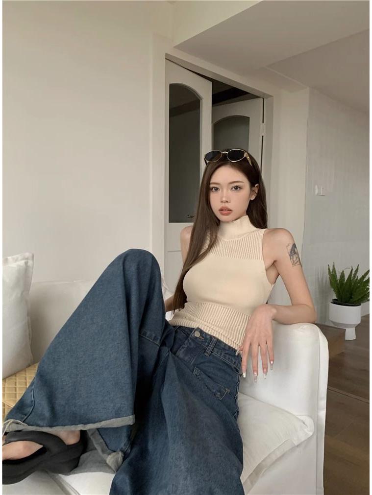 Летний пикантный топ-майка без рукавов с высоким воротом, вязаный кроп-топ - Женский французский ажурный короткий верхний слой