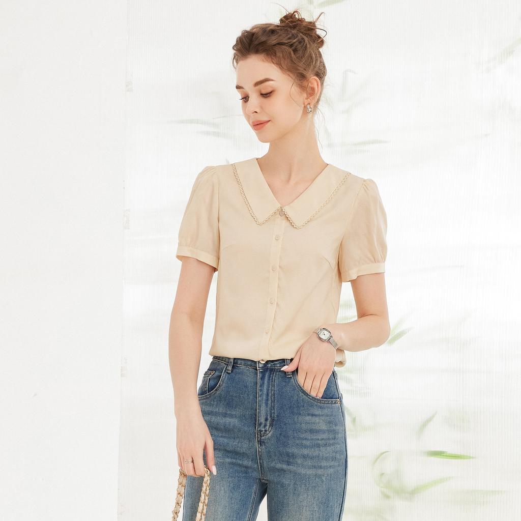 Simple and versatile patchwork lace doll collar shirt for women's summer style, with bubble sleeves for slimming effect