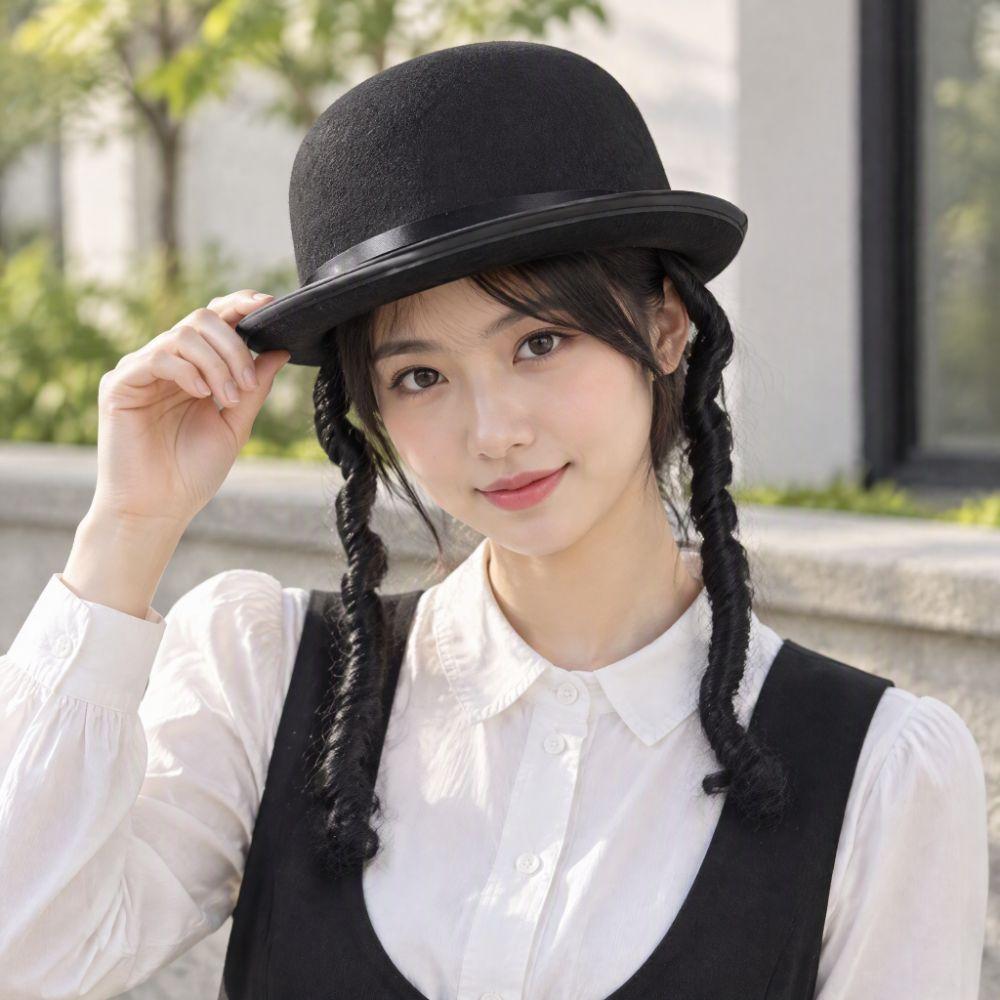 Black Color Braided Top Hat Dress Up Bowler Hat Classical Round Dress Hat Unisex Adult