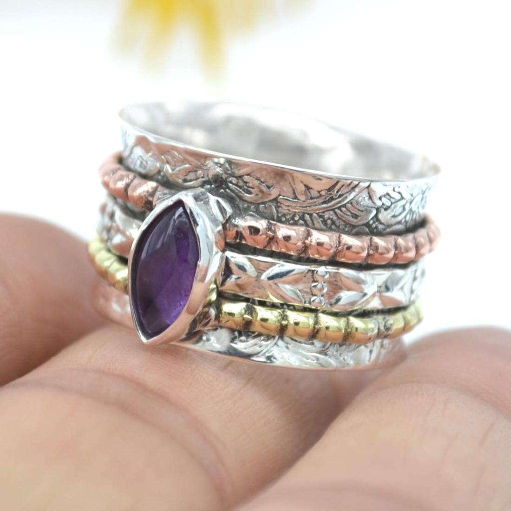 Кольцо с натуральным аметистом, 925 пробы, серебряное трехцветное кольцо-спиннер