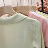Women Summer Ice Silk Polo Collar Top Knitted Sweater T-shirt Top Unique Short-Sleeve Single-breasted Solid Color