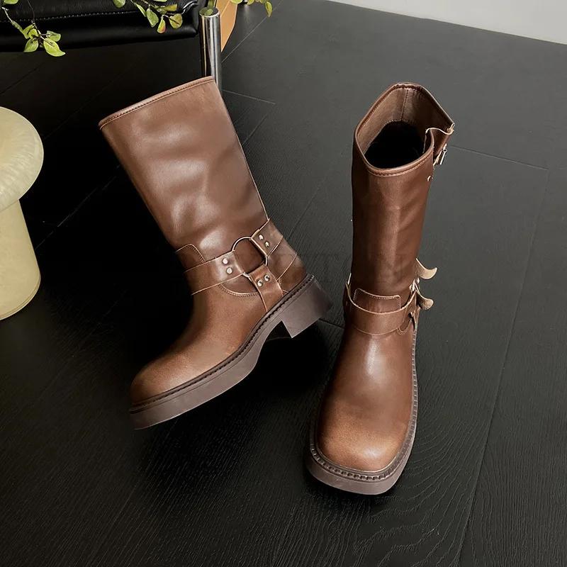 Мода Платформа Ботинки Combat Молния Chuny Heel Пряжка Винтаж Мода Повседневный Роскошь Дизайнер Western Mid Calf Boots Обувь Женщина