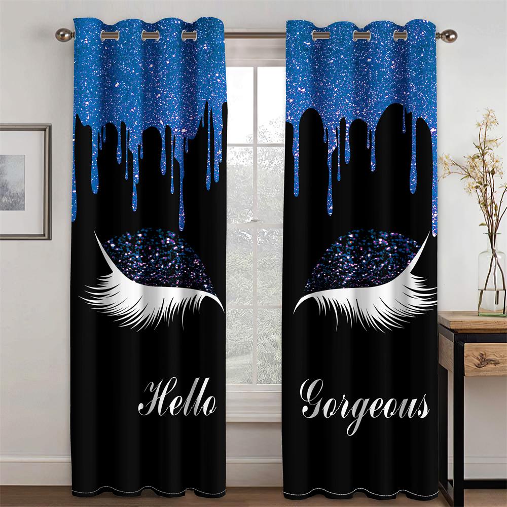 Luxury Thin Shading Window Curtains for Living Room, Girl Eyelash Eyebrow, Cheap 3D Print, Bedroom Decoration On Sale, 2 Pieces
