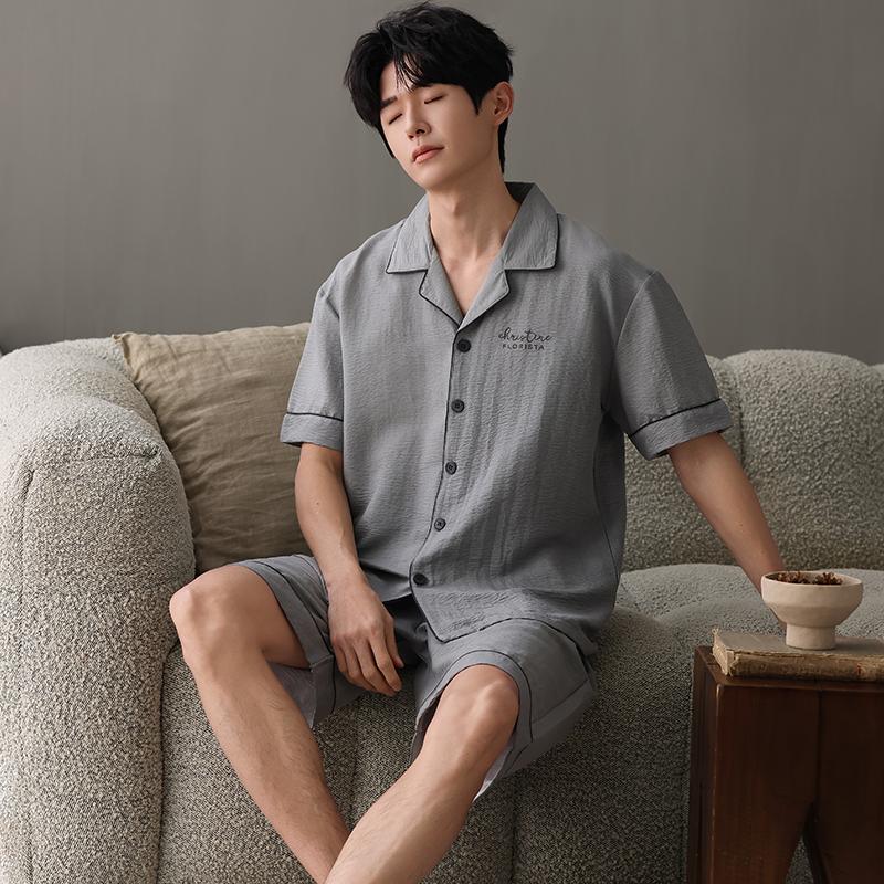 Новый летний тонкий хлопковый мужской пижамный комплект с коротким рукавом, кардиган, однотонная мужская пижама, домашняя одежда, топы и шорты, комплект из 2 предметов для сна