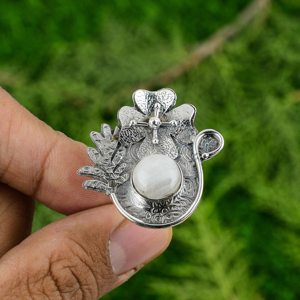 Natural Rainbow Moonstone Stackable Flower Adjustable Ring 925 Silver For Women