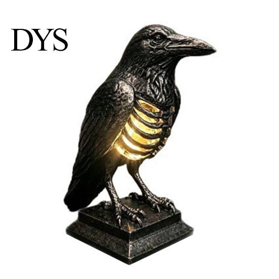 Dark Punk Room Decor Gothic Halloween Table Lamp, Spooky Raven Bat Skeleton Vintage Unique Gifts for Goth Lovers Resin LED Night Light Party, Tabletop
