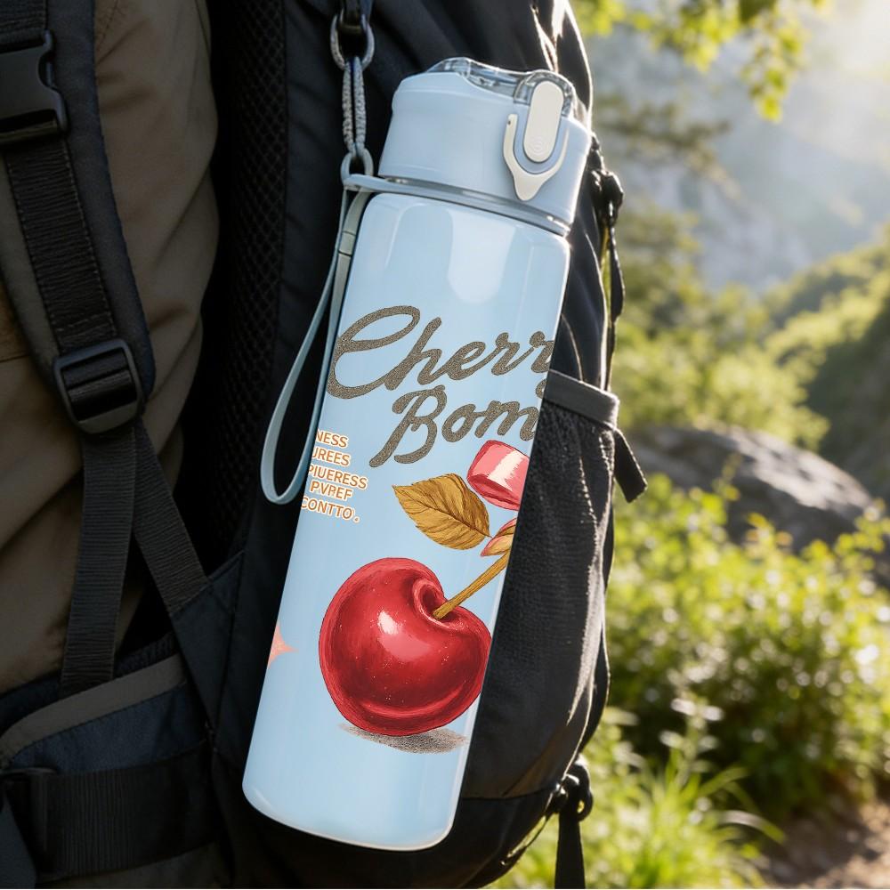1PC Cherry Fruit Quote 750ml Color Plastic Sports Water Bottle Leakproof Flip Straw Lid Suitable for Sports Office Home Use