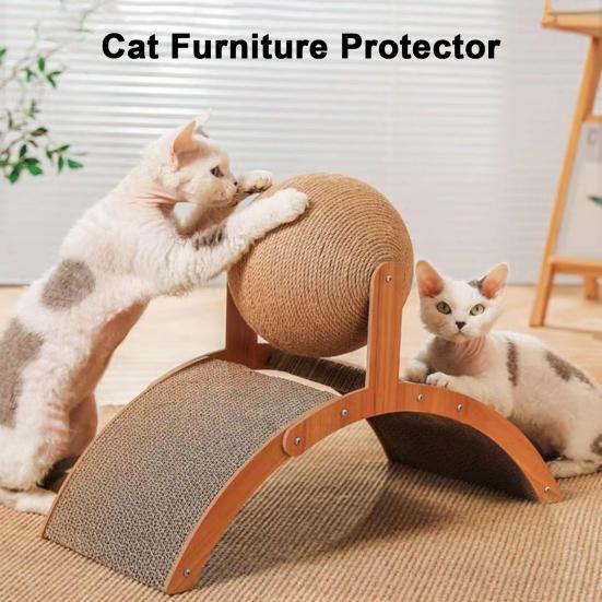 2-в-1 коврик для царапания кошек Большая картонная когтеточка для кошек с шариком из сизалевой веревки Деревянная рама Гофрированная наклонная доска для царапания кошек