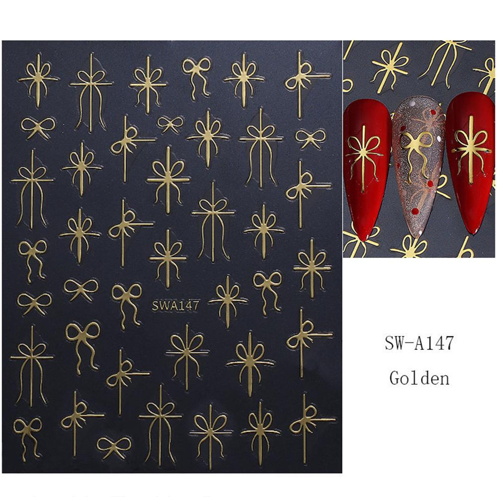 1pcs Red Christmas Gift Bow Nail Stickers 3D Metallic Gold Green Red Simple Ribbon DIY Charm Holiday Sliders Manicure Decals R$4