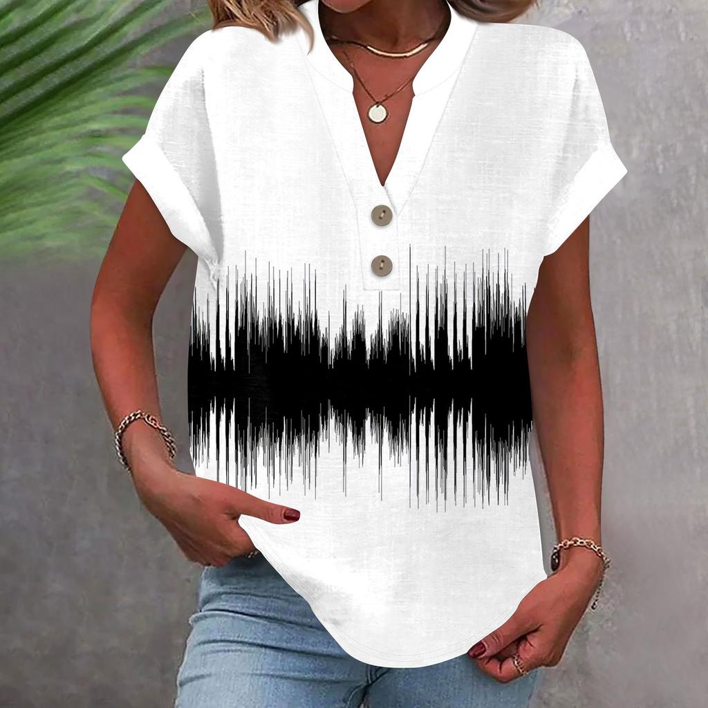 Женская модная повседневная рубашка с v-образным вырезом и коротким рукавом с принтом, футболка на пуговицах, топ