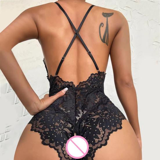 Sexy Women Bodysuit See-through Hollow Out Lace Bow Open Crotch Sleeveless Sknny Low-cut Cross Back Adjustable Spaghetti Strap Honeymoon Wedding