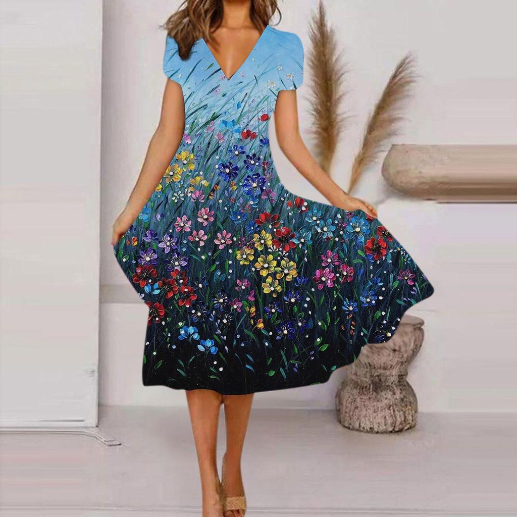 Women's Summer Casual Fashion Floral Print Short Sleeve V-Neck Swing Dress