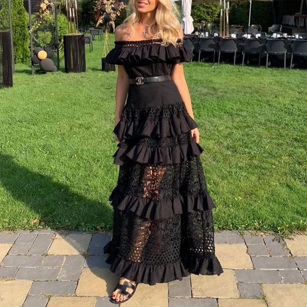 2025 spring and summer new European and American women's clothing wish one-word shoulder ruffle edge hollow white pendulum lace dress