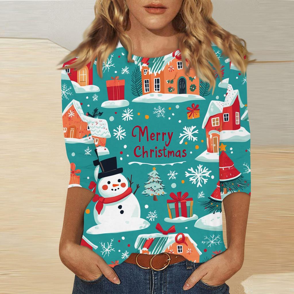 Women's Fashion Casual Three-quarter Sleeve Christmas Printed Round Neck Pullover Top